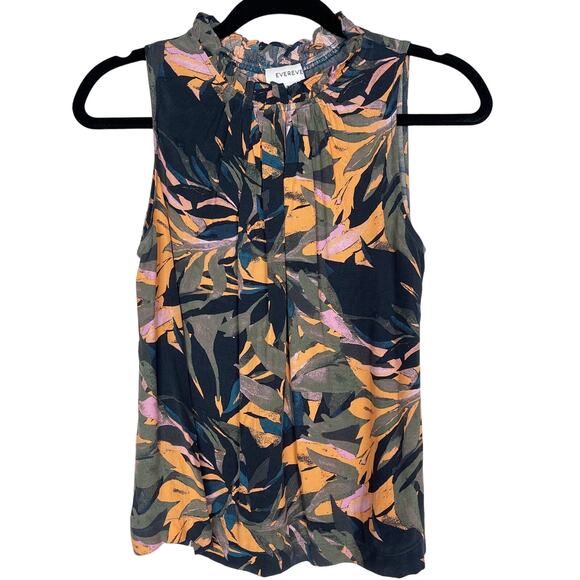 Evereve XSmall XS Floral Palm Print Pleated Neck Sleeveless Blouse Blue Orange - Picture 1 of 7